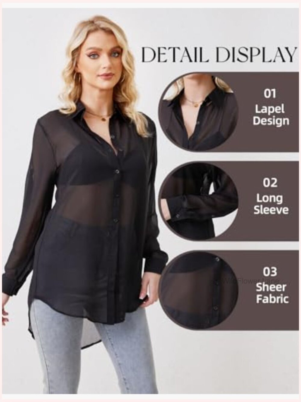 Sheer Button Down Blouse Long Sleeve Mesh See Through Nightwear Clubwear - Picture 6 of 7
